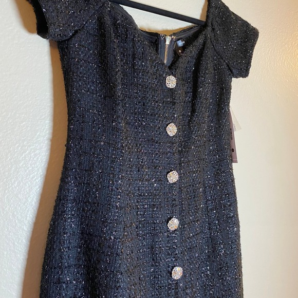 AQUA Black Tweed Mini Dress Off Shoulder Party Cocktail Rhinestone Buttons M - Picture 7 of 16